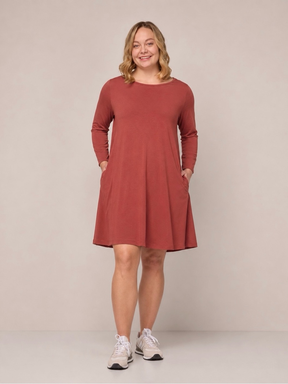 Wool& Rowena Swing Merino Wool Dress Long Sleeve In Cinnamon Rust Size L
